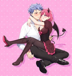 Rule 34 | 1boy, 1girl, arms around neck, artist name, black corset, black footwear, black pants, black pantyhose, blush, bob cut, boots, bow, breasts, brown dress, brown footwear, cleavage, collared shirt, corset, couple, dated, demon girl, demon horns, demon tail, dress, dress shoes, full body, grey hair, hetero, high heel boots, high heels, highres, horns, indian style, jewelry, krudears, long sleeves, looking at another, medium breasts, necklace, pants, pantyhose, parted lips, pink background, pink bow, pink hair, protagonist (tokimemo gs3), puffy short sleeves, puffy sleeves, purple eyes, red eyes, shirt, shitara seiji, short dress, short hair, short sleeves, sitting, sitting on lap, sitting on person, sweatdrop, swept bangs, tail, tokimeki memorial, tokimeki memorial girl&#039;s side 3rd story, tongue, tongue out, twitter username, underbust, white shirt