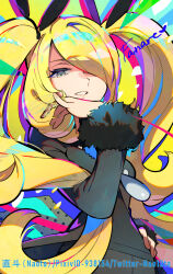 Rule 34 | 1girl, alternate hairstyle, artist name, black coat, black pants, black shirt, blonde hair, coat, commentary request, creatures (company), cynthia (pokemon), eyelashes, fur-trimmed coat, fur trim, game freak, grey eyes, hair over one eye, hand on own hip, hand up, highres, long hair, long sleeves, looking at viewer, naoto (yandereheaven), nintendo, pants, pixiv id, pokemon, pokemon dppt, shirt, smile, solo, twintails, very long hair, watermark