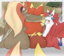 Rule 34 | 3girls, animal ears, arm around neck, arms up, artist name, ass, beak, blush, border, breasts, closed eyes, creatures (company), delphox, earrings, female focus, finger in own mouth, finger to mouth, fox ears, fox tail, from behind, furry, furry female, game freak, gen 1 pokemon, gen 3 pokemon, gen 6 pokemon, glasses, hand to own mouth, hand up, jewelry, large breasts, latias, legendary pokemon, long hair, looking down, medium breasts, multicolored hair, multiple girls, nintendo, nipples, nude, onsen, open mouth, outdoors, pidgeot, platinum blonde hair, pokemon, pokemon (creature), pokemon rgby, pokemon rse, pokemon xy, red hair, signature, sitting, steam, tail, text focus, tongue, two-tone hair, water, white border, wings, yellow eyes, zerofox1000