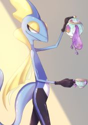 Rule 34 | closed mouth, commentary request, creatures (company), cup, furry, game freak, gen 8 pokemon, highres, holding, holding cup, inteleon, looking to the side, nintendo, pokemon, pokemon (creature), polteageist, shadow, sinistea, smile, tm (pixiv45602758), yellow eyes