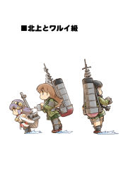 Rule 34 | 3girls, black hair, blunt bangs, brown eyes, brown hair, chibi, comic, commentary request, detached sleeves, grey hair, gun, hair ornament, hairband, hairclip, haruna (kancolle), headgear, hisahiko, holding, holding gun, holding weapon, japanese clothes, kantai collection, kitakami (kancolle), long hair, long sleeves, multiple girls, nontraditional miko, ooi (kancolle), orange eyes, outstretched arms, pleated skirt, rigging, school uniform, serafuku, sidelocks, skirt, spread arms, standing, standing on liquid, thighhighs, translation request, turret, weapon, white background, wide sleeves