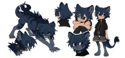Rule 34 | 1boy, animal ears, animal feet, black collar, black jacket, blue eyes, blue hair, child, closed mouth, collar, denim, deviidog0, full body, fur-tipped tail, furry, furry male, grey shorts, hair between eyes, highres, jacket, jeans, knees up, looking at viewer, looking to the side, male focus, monster, monster boy, multiple views, original, pants, short-sleeved jacket, short hair, short sleeves, shorts, simple background, spiked tail, standing, tail, torn clothes, torn jeans, torn pants, white background