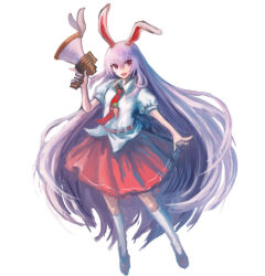 Rule 34 | 1girl, animal ears, breasts, brown footwear, carrot pin, collared shirt, commentary request, full body, hair between eyes, loafers, long bangs, long hair, looking at viewer, lunatic gun, mogukk, necktie, open mouth, pink skirt, puffy short sleeves, puffy sleeves, purple hair, rabbit ears, rabbit girl, red eyes, red necktie, reisen udongein inaba, shirt, shoes, short sleeves, simple background, skirt, small breasts, smile, socks, solo, tie clip, touhou, very long hair, white background, white shirt, white socks