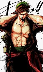 Rule 34 | 1boy, earrings, frown, green hair, head scarf, male focus, muscular, one-eyed, one piece, open clothes, open shirt, roronoa zoro, sash, scabbard, scar, sheath, shirt, simple background, solo
