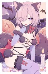 Rule 34 | 1girl, aka kan, animal ears, bare shoulders, bat (animal), blush, bow, breasts, candle, candy, claws, cleavage, fate/grand order, fate (series), food, full moon, fur-trimmed gloves, fur-trimmed legwear, fur collar, fur trim, gloves, hair over one eye, halloween costume, highres, jack-o&#039;-lantern, lace, lace-trimmed legwear, lace trim, light purple hair, looking at viewer, mash kyrielight, mash kyrielight (dangerous beast), medium breasts, moon, navel, night, night sky, o-ring, official alternate costume, open mouth, pink bow, purple eyes, purple gloves, purple legwear, revealing clothes, short hair, sky, solo, sparkle, tail, thighs, tongue, tongue out, wolf ears, wolf girl, wolf tail