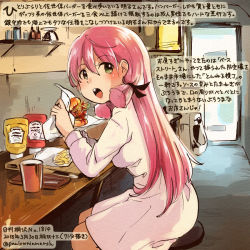 Rule 34 | 1girl, akashi (kancolle), alternate costume, colored pencil (medium), commentary request, dated, dress, food, french fries, green eyes, hair ribbon, burger, holding, holding food, kantai collection, ketchup, kirisawa juuzou, long hair, long sleeves, mustard, numbered, open mouth, pink hair, red ribbon, ribbon, sitting, solo, traditional media, translation request, tress ribbon, twitter username, white dress