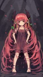 Rule 34 | 1girl, absurdly long hair, bare arms, bare shoulders, barefoot, black dress, breasts, collarbone, demon horns, dress, full body, hands on own hips, head tilt, highres, horns, long hair, looking at viewer, original, pointy ears, red eyes, red hair, see-through, short dress, sketch, sleeveless, sleeveless dress, small breasts, solo, very long hair, yuuji (yukimimi)