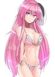 Rule 34 | 1girl, arms behind back, bare arms, bare shoulders, bikini, breasts, collarbone, commentary request, cowboy shot, frilled bikini, frills, hair between eyes, hata no kokoro, highres, large breasts, long hair, looking at viewer, mask, mask on head, navel, pink bikini, pink eyes, pink hair, sidelocks, simple background, solo, standing, stomach, swimsuit, thighs, touhou, very long hair, white background, y2