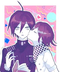 Rule 34 | 2boys, ahoge, black scarf, book, breast pocket, buttons, checkered clothes, checkered scarf, chi gaya, closed eyes, colorful, danganronpa (series), danganronpa v3: killing harmony, falling, foreshortening, hair between eyes, heart, highres, jacket, kiss, kissing cheek, long sleeves, male focus, multiple boys, oma kokichi, open book, pale skin, pink background, pocket, purple hair, purple jacket, saihara shuichi, scarf, short hair, striped clothes, striped jacket, upper body, white jacket, white scarf, yaoi