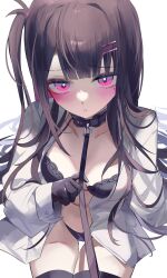 1girl absurdres black_thighhighs bra collar gloves highres leash mole mole_under_eye original panties pink_eyes shirt solo thighhighs tokkieee_qian unbuttoned unbuttoned_shirt underwear white_background white_shirt