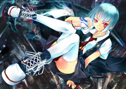Rule 34 | bad id, bad pixiv id, blue hair, bottomless, clothes between thighs, glasses, necktie, no panties, original, red eyes, school uniform, shirokitsune, shoes, sitting, skirt, smile, sneakers, solo, thighhighs, white thighhighs