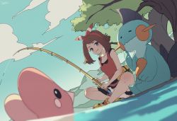 Rule 34 | 1girl, bare arms, bike shorts, blush, bow hairband, brown hair, closed mouth, cloud, collarbone, commentary request, creatures (company), day, fanny pack, fishing, fishing rod, from below, game freak, gen 3 pokemon, hairband, hari611, highres, holding, holding fishing rod, indian style, looking at viewer, luvdisc, marshtomp, may (pokemon), medium hair, nintendo, outdoors, pokemon, pokemon (creature), pokemon oras, red hairband, red shirt, shirt, shoes, shorts, sitting, sky, sleeveless, sleeveless shirt, smile, tree, water