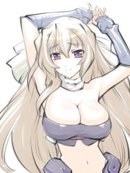 Rule 34 | 1girl, aoi kimi, breasts, brown hair, cleavage, closed mouth, gloves, kyoukaisenjou no horizon, large breasts, long hair, looking at viewer, navel, purple eyes, simple background, smile, solo, ueyama michirou, very long hair, white background