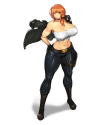Rule 34 | 1girl, abs, absurdres, bare arms, bare shoulders, belt, black footwear, black pants, boots, breasts, cleavage, fingerless gloves, full body, gloves, gurimjang, gwen, hair over shoulder, hand on own hip, highres, huge breasts, jacket, unworn jacket, large breasts, muscular, muscular female, navel, pants, red hair, side ponytail, simple background, smile, solo, standing, strapless, thighs, tube top