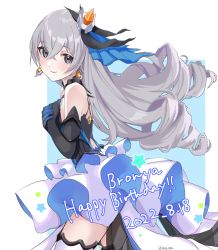Rule 34 | 1girl, arin (1010 ssu), bare shoulders, black gloves, blue background, bronya zaychik, bronya zaychik (herrscher of reason), closed mouth, commentary request, elbow gloves, floating hair, from side, gloves, grey eyes, grey hair, hair between eyes, highres, honkai (series), honkai impact 3rd, long hair, looking at viewer, looking to the side, own hands together, ringlets, skirt, smile, solo, thighhighs, two-tone background, very long hair, white background, white skirt, white thighhighs