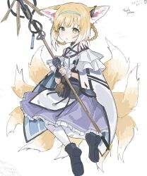Rule 34 | 1girl, animal ear fluff, animal ears, arknights, bare shoulders, black collar, black footwear, black gloves, blonde hair, blue hairband, blush, braid, braided hair rings, clothing cutout, collar, colored tips, commentary, dress, earpiece, fox ears, fox girl, fox tail, frilled dress, frilled sleeves, frills, full body, gloves, hair rings, hairband, haruharu sensei, highres, holding, holding staff, infection monitor (arknights), kitsune, kyuubi, looking at viewer, material growth, multicolored hair, multiple tails, oripathy lesion (arknights), pantyhose, parted lips, purple dress, shoes, short hair, short sleeves, shoulder cutout, simple background, single glove, single wrist cuff, solo, staff, suzuran (arknights), tail, torn clothes, torn pantyhose, twin braids, white background, white hair, white pantyhose, wrist cuffs, yellow eyes