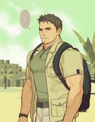 Rule 34 | 1boy, ?, alternate costume, backpack, bag, bara, beard, beige jacket, belt, chris redfield, facial hair, green shirt, jacket, large pectorals, looking at viewer, male focus, mature male, muscular, muscular male, open clothes, open jacket, pants, pectorals, resident evil, sardine (kjr0313), shirt, short hair, sideburns, smile, solo, spoken question mark, stubble, thick eyebrows, tight clothes, tight shirt, upper body, white pants