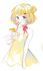 Rule 34 | 1girl, bad id, bad pixiv id, bare arms, bare shoulders, blonde hair, blue eyes, blush, bow, closed mouth, crazy straw, cup, dress, drinking, drinking glass, drinking straw, earrings, food, food-themed hair ornament, fruit, hair ornament, hairclip, heart, heart earrings, heart straw, highres, holding, holding cup, jewelry, lemon, lemon hair ornament, lemon slice, looking at viewer, one side up, original, red bow, signature, sleeveless, sleeveless dress, solo, urim (paintur), yellow dress
