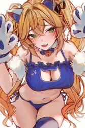 Rule 34 | 1girl, absurdres, animal ears, animal hands, bell, blonde hair, blue bra, blue panties, blue thighhighs, blush, bra, breasts, cat cutout, cat ears, cleavage, clothing cutout, dokibird (vtuber), fake animal ears, gloves, green eyes, hair between eyes, highres, indie virtual youtuber, jingle bell, large breasts, long hair, looking at viewer, naokomama, navel, neck bell, open mouth, panties, paw gloves, paw pose, side-tie panties, smile, solo, thighhighs, twintails, underwear, virtual youtuber