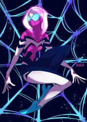 Rule 34 | 1girl, alternate costume, artist name, black background, blue footwear, bodysuit, breasts, glowing, highres, hood, hood up, hooded bodysuit, looking to the side, marvel, open hands, small breasts, solo, spider-gwen, spider-man (series), spider web print, sushi pizza rrr