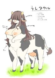 Rule 34 | 1girl, animal ears, body fur, breasts, centauroid, cow ears, cow girl, cow horns, female focus, full body, furry, furry female, grass, hair over eyes, hooves, horns, konomipainter, large breasts, long hair, monster girl, nipples, original, own hands together, plump, simple background, solo, taur, udder, white background