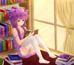Rule 34 | 1girl, against bookshelf, alternate costume, blush, book, bookshelf, breasts, camisole, cleavage, collarbone, crescent, crescent hair ornament, curtains, double bun, eyelashes, hair bun, hair ornament, hair ribbon, hat, highres, knees together feet apart, knees up, light smile, lingerie, long hair, mao wei, mob cap, off shoulder, open book, panties, patchouli knowledge, pentagram, petticoat, purple eyes, purple hair, reading, ribbon, sidelocks, sitting, small breasts, solo, strap slip, thighhighs, touhou, underwear, underwear only, white panties, white thighhighs, window