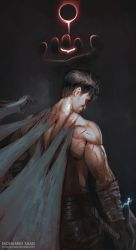 Rule 34 | 1boy, artist name, bandaged arm, bandages, berserk, bird, black hair, brand of sacrifice, dragonslayer (sword), eclipse, glowing, glowing bird, greatsword, guts (berserk), hand on another&#039;s back, highres, holding, holding sword, holding weapon, injury, male focus, muscular, muscular male, short hair, solar eclipse, solo, sword, thefearmaster, topless, topless male, weapon
