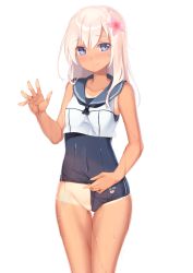 Rule 34 | 10s, 1girl, bad id, bad pixiv id, black neckerchief, blonde hair, blouse, blue eyes, blue one-piece swimsuit, blush, character name, clothing aside, cowboy shot, embarrassed, flower, hair between eyes, hair flower, hair ornament, highres, kantai collection, legs together, long hair, looking at viewer, neckerchief, one-piece swimsuit, one-piece tan, parted bangs, partially visible vulva, pulled by self, ro-500 (kancolle), school swimsuit, shirt, sleeveless, sleeveless shirt, smile, solo, standing, swimsuit, swimsuit aside, swimsuit under clothes, tan, tanline, thighs, transparent background, water, wedgie, wet, white background, white shirt, zi se