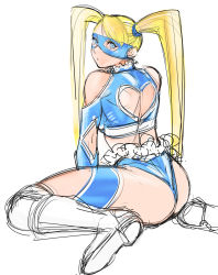 Rule 34 | 1990s (style), 1girl, ass, blonde hair, blue eyes, clothing cutout, from behind, heart, heart cutout, highres, leotard, long hair, looking back, mask, midriff, rainbow mika, retro artstyle, simple background, sitting, solo, street fighter, street fighter zero (series), tetsu (kimuchi), twintails, wariza, wrestling outfit