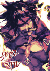 Rule 34 | 1boy, black shirt, brown hair, cigarette, fingerless gloves, fire, fujishima-sei ichi-gou, gloves, guilty gear, guilty gear strive, hair strand, headband, highres, jacket, one eye closed, partially unzipped, pectoral cleavage, pectorals, red eyes, red jacket, shirt, smoking, sol badguy, solo