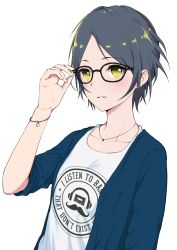 Rule 34 | 10s, 1girl, adjusting eyewear, bespectacled, black hair, bracelet, deca purio, glasses, hayami kanade, idolmaster, idolmaster cinderella girls, jewelry, looking at viewer, necklace, parted bangs, short hair, smile, solo, yellow eyes