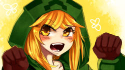 Rule 34 | 1girl, at2., blonde hair, clenched hand, creeparka, creeper, gloves, highres, minecraft, open mouth, solo, teeth, upper body, yellow eyes