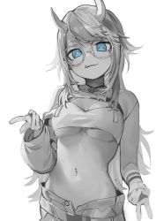 Rule 34 | 1girl, blue eyes, breasts, collarbone, commentary request, double v, fang, fang out, glasses, head tilt, highres, horns, long hair, long sleeves, looking at viewer, medium breasts, monochrome, nanashi inc., navel, navel piercing, parted lips, piercing, round eyewear, ryugasaki rene, seramikku, shrug (clothing), simple background, solo, spot color, stomach, sugar lyric, v, very long hair, virtual youtuber, white background