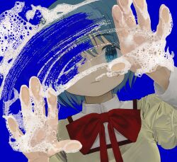 Rule 34 | 1girl, absurdres, against fourth wall, blue background, blue eyes, blue hair, bow, bowtie, collared shirt, dissolving, dutch angle, expressionless, hand on glass, hands up, highres, juliet sleeves, light frown, long sleeves, looking at viewer, mahou shoujo madoka magica, mahou shoujo madoka magica (anime), mihifu, miki sayaka, mitakihara school uniform, one eye covered, pale skin, puffy sleeves, red bow, red bowtie, school uniform, shirt, short hair, simple background, soap bubbles, solo, wiping, yellow shirt