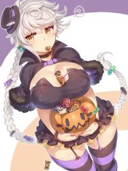 Rule 34 | 10s, 1girl, ?, bad id, bad twitter id, between breasts, blush, braid, breasts, buckle, candy, capelet, choker, cleavage, cleavage cutout, clothing cutout, food, garter straps, hair ornament, halloween, halloween costume, hat, jack-o&#039;-lantern, jitome, kantai collection, large breasts, lollipop, long hair, mini hat, mini top hat, open mouth, pokoten (pokoten718), purple thighhighs, silver hair, single braid, skirt, solo, spoken question mark, striped clothes, striped thighhighs, thighhighs, top hat, unryuu (kancolle)