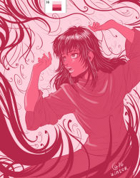 Rule 34 | 1990s (style), 1girl, arms up, autumn-sacura, berserk, casca (berserk), color guide, female focus, limited palette, long hair, monochrome, open mouth, pink theme, retro artstyle, solo