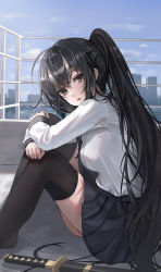 Rule 34 | 1girl, absurdres, black eyes, black hair, black skirt, black thighhighs, commentary request, highres, katana, korean commentary, long hair, looking at viewer, looking to the side, original, parted lips, pleated skirt, poise, ponytail, school uniform, serafuku, sheath, sheathed, shirt, skirt, sky, solo, sword, thighhighs, weapon, white shirt