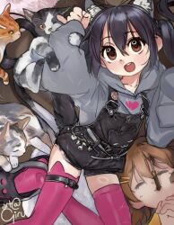 Rule 34 | 2girls, animal ears, belt, black hair, black overalls, brown eyes, brown hair, cat, cat ears, chain, closed eyes, crocs, food, food in mouth, girutea, grey hoodie, highres, hirasawa yui, hood, hoodie, k-on!, kemonomimi mode, long hair, lying, multiple girls, nakano azusa, on back, open mouth, overall shorts, overalls, paw pose, pocky, pocky in mouth, ring light reflection, thighhighs, twintails