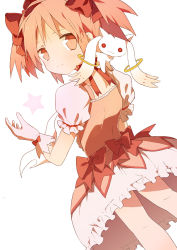 Rule 34 | 10s, 1girl, bad id, bad pixiv id, bow, bubble skirt, dress, dutch angle, from behind, gloves, hair bow, hair ribbon, kaname madoka, kitsuta, kyubey, magical girl, mahou shoujo madoka magica, mahou shoujo madoka magica (anime), pink eyes, pink hair, ribbon, short hair, short twintails, simple background, skirt, star (symbol), twintails, white background