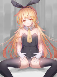 Rule 34 | bare shoulders, black thighhighs, blonde hair, bow, detached collar, gloves, highres, jewelry, kantai collection, leotard, logiclr, long hair, moon (ornament), necktie, playboy bunny, ring, satsuki (kancolle), sitting, solo, spread legs, thighhighs, twintails, wedding ring, white gloves, yellow eyes, yellow necktie