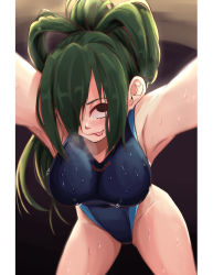 Rule 34 | 1girl, :p, armpits, asui tsuyu, bare shoulders, blush, boku no hero academia, border, breasts, closed mouth, competition swimsuit, green hair, hair over one eye, heavy breathing, highres, hip focus, large breasts, leaning forward, long hair, looking at viewer, naughty face, nico-mo, one-piece swimsuit, solo, swimsuit, tongue, tongue out, wet, wet clothes, white border
