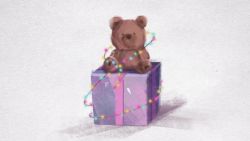 Rule 34 | christmas lights, gift, glowing, highres, looking at viewer, no humans, original, rasukusekai, shadow, stuffed animal, stuffed toy, teddy bear, white background