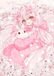 Rule 34 | 1girl, :d, absurdres, animal, animal ear fluff, animal ears, animal hug, blurry, blurry background, bow, brown eyes, commentary request, depth of field, flower, hair between eyes, hair bow, head tilt, highres, long hair, looking at viewer, low twintails, open mouth, original, pink bow, pink hair, rabbit, smile, solo, tandohark, twintails, very long hair, white flower