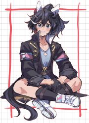 Rule 34 | 1girl, absurdres, animal ears, black hair, black jacket, black socks, blue eyes, blue shirt, blush, bojue (hakus 1128), crossed legs, ear covers, full body, grin, highres, horse ears, horse girl, horse tail, indian style, jacket, katsuragi ace (umamusume), looking at viewer, medium hair, multicolored hair, on ground, open clothes, open jacket, ponytail, revision, shirt, shoe soles, shoes, simple background, sitting, smile, sneakers, socks, solo, streaked hair, tail, teeth, umamusume, white background, white footwear, white hair