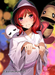 Rule 34 | 1girl, absurdres, blood, blood on face, closed mouth, ghost, ghost costume, ghost pose, highres, japanese clothes, kimono, looking at viewer, love live!, love live! school idol project, medium hair, nakano maru, nishikino maki, pink eyes, purple eyes, red hair, sash, short hair, solo, twitter username, white kimono