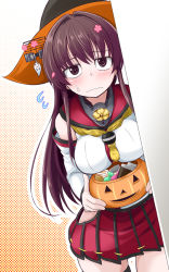 Rule 34 | 1girl, asymmetrical legwear, bare hips, black thighhighs, brown eyes, brown hair, candy, cherry blossoms, closed mouth, commentary request, cowboy shot, detached sleeves, food, frown, gorget, gradient background, half-closed eyes, halftone, halloween, hat, headgear, hiding, hip vent, ichimi, jack-o&#039;-lantern, kantai collection, long hair, miniskirt, orange background, outline, peeking out, pleated skirt, polka dot, polka dot background, ponytail, red sailor collar, red skirt, sailor collar, single thighhigh, skindentation, skirt, solo, thighhighs, uneven legwear, wavy mouth, white background, white outline, witch hat, yamato (kancolle)