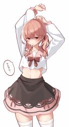 Rule 34 | .live, arms up, belly, blush, hair between eyes, hair ornament, highres, kitakami futaba, low twintails, medium hair, mikokomiyazawa, navel, open mouth, pink eyes, pink hair, shaded face, simple background, solo, thighhighs, translation request, twintails, virtual youtuber, white background