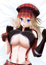 Rule 34 | 10s, 1girl, akabane hitsugi, alisa ilinichina amiella, bed, blonde hair, blue eyes, blush, breasts, elbow gloves, covered erect nipples, fingerless gloves, gloves, god eater, god eater burst, hat, highres, huge breasts, large breasts, long hair, looking at viewer, lying, no bra, on bed, silver hair, skirt, solo, suspender skirt, suspenders, thighhighs, underboob