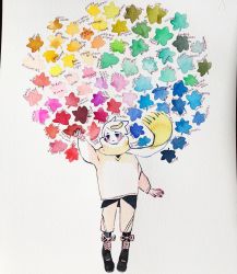 Rule 34 | 1girl, boots, colorful, english text, full body, hand up, highres, holding, holding leaf, leaf, long sleeves, maruti bitamin, original, painting (medium), photo (medium), scarf, solo, standing, traditional media, watercolor (medium), white background, white hair