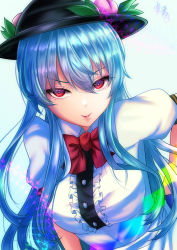 Rule 34 | 1girl, bent over, black headwear, blouse, blue hair, blue skirt, bow, bowtie, breasts, buttons, center frills, closed mouth, eyelashes, food, frills, fruit, hand on own hip, highres, hinanawi tenshi, large breasts, leaf, lips, long hair, looking at viewer, mononobe kanako, peach, rainbow gradient, rainbow order, red bow, red bowtie, red eyes, shirt, short sleeves, simple background, skirt, smile, solo, standing, touhou, white background, white shirt